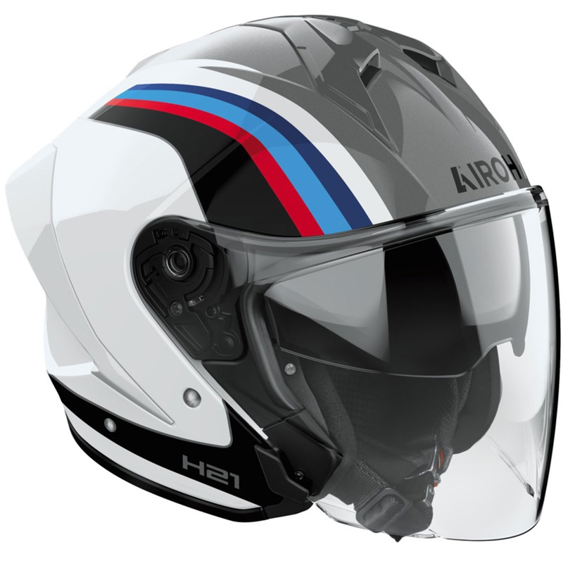 Atviras motociklininko šalmas "Airoh H21 Arrow" blizgios pilkos ir baltos spalvos