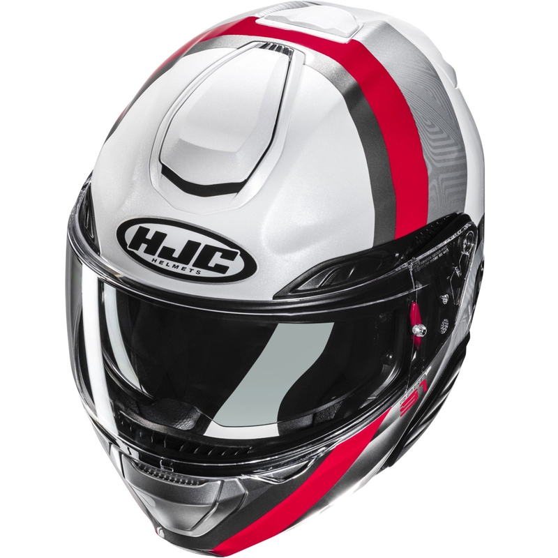 Apverčiamas motociklininko šalmas HJC RPHA 91 Fensh MC1 baltas-sidabrinis-raudonas