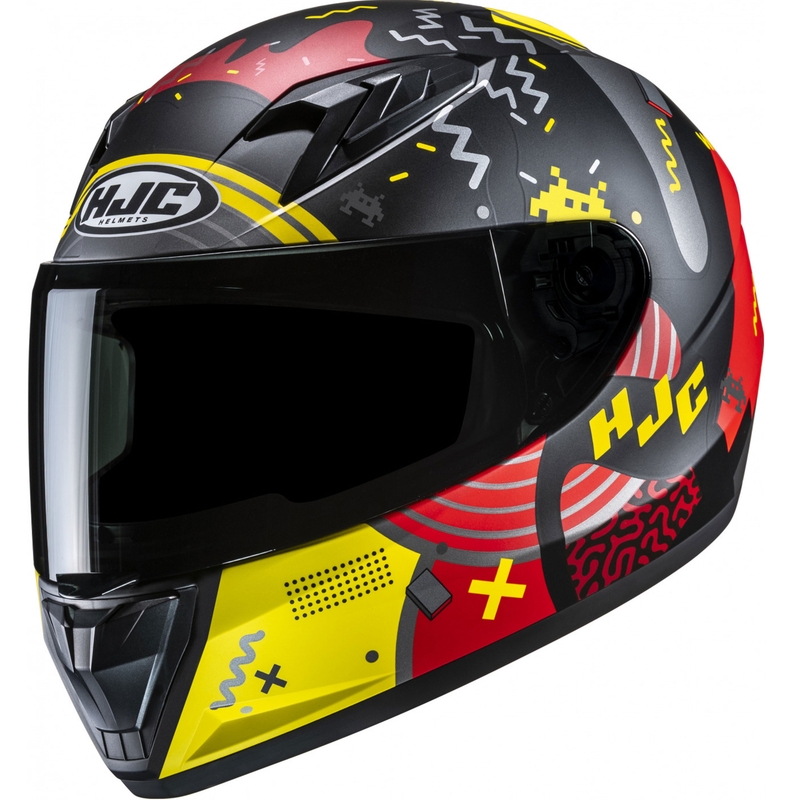 Vaikiškas integralus motociklininko šalmas HJC Y10 Mika MC1SF juodas-raudonas-geltonas