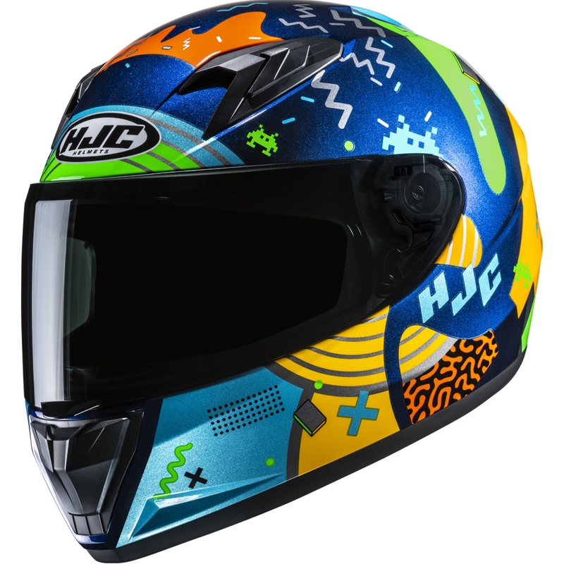Vaikiškas integralus motociklininko šalmas HJC Y10 Mika MC23 mėlyna-geltona-žalia
