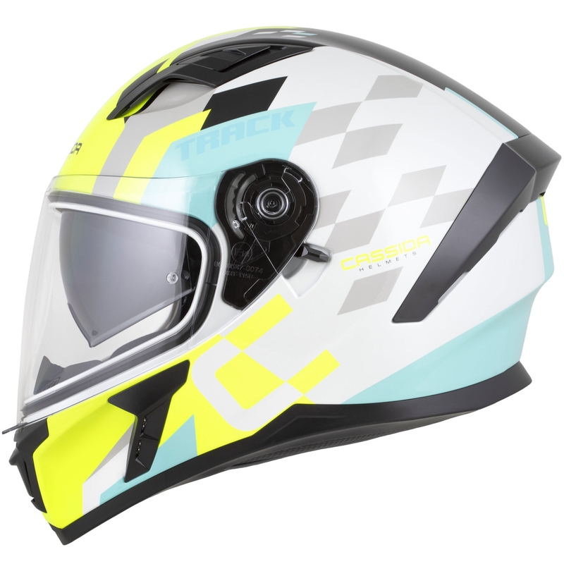 "Cassida Orbit Track" integralus motociklininko šalmas baltas-fluo geltonas-turkio spalvos-juodas