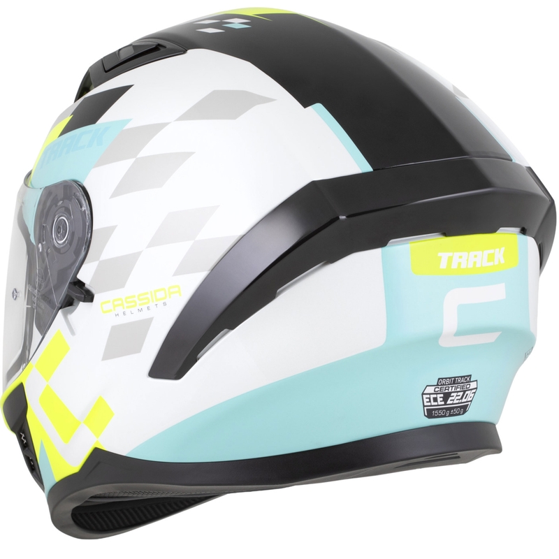 "Cassida Orbit Track" integralus motociklininko šalmas baltas-fluo geltonas-turkio spalvos-juodas