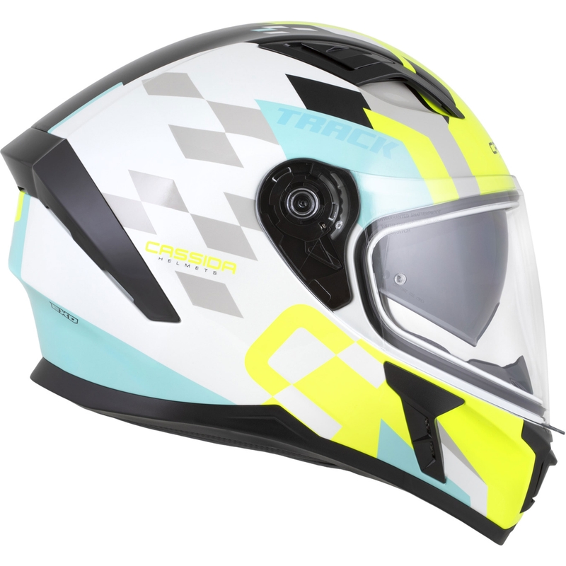 "Cassida Orbit Track" integralus motociklininko šalmas baltas-fluo geltonas-turkio spalvos-juodas