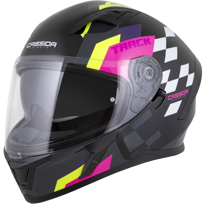 "Cassida Orbit Track" juoda-rožinė-violetinė-fluoro geltona-balta integruotas motociklininko šalmas