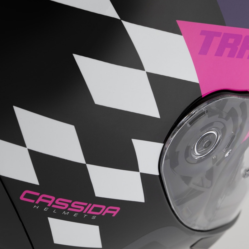 "Cassida Orbit Track" juoda-rožinė-violetinė-fluoro geltona-balta integruotas motociklininko šalmas