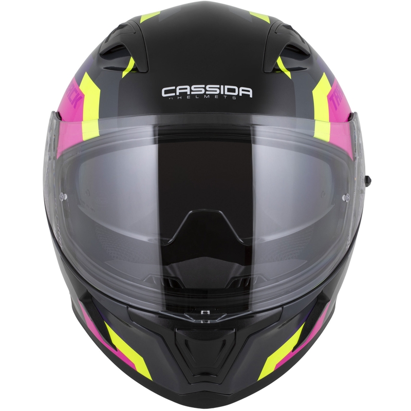 "Cassida Orbit Track" juoda-rožinė-violetinė-fluoro geltona-balta integruotas motociklininko šalmas