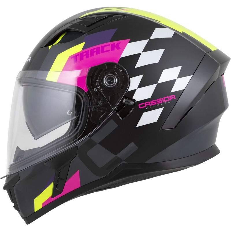 "Cassida Orbit Track" juoda-rožinė-violetinė-fluoro geltona-balta integruotas motociklininko šalmas