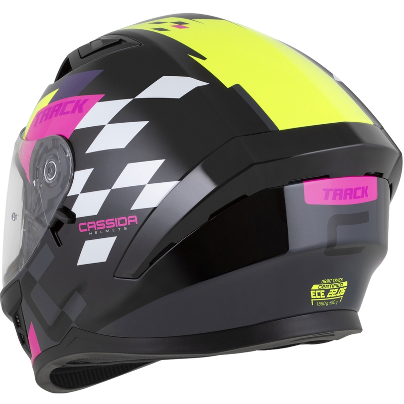 "Cassida Orbit Track" juoda-rožinė-violetinė-fluoro geltona-balta integruotas motociklininko šalmas