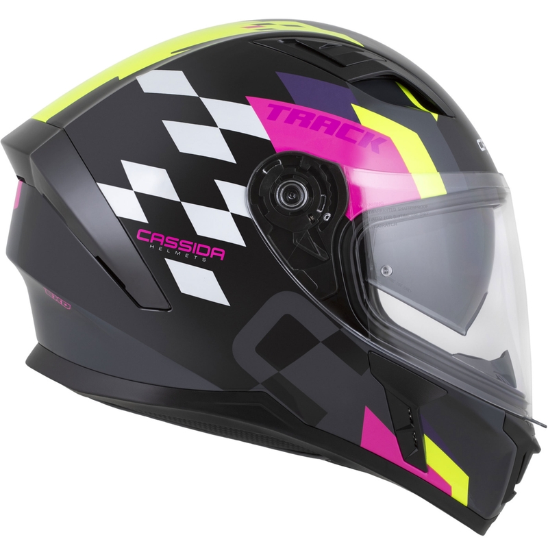 "Cassida Orbit Track" juoda-rožinė-violetinė-fluoro geltona-balta integruotas motociklininko šalmas