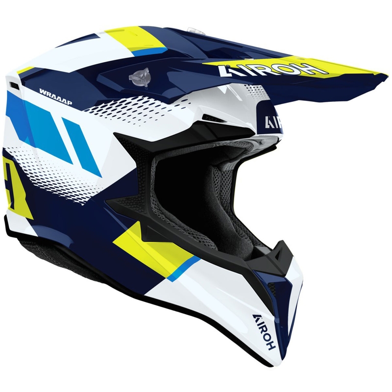 Motokroso šalmas "Airoh Wraaap Vision" blizgus geltonai mėlynas