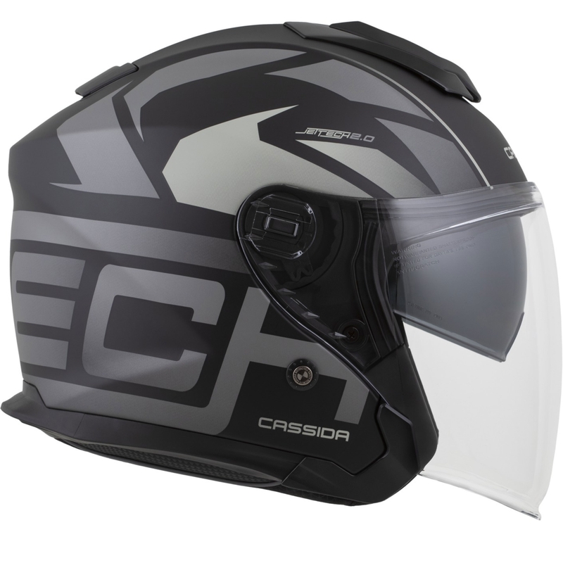 Cassida Jet Tech 2.0 RoTo atviras motociklininko šalmas matinis juodai pilkai baltas