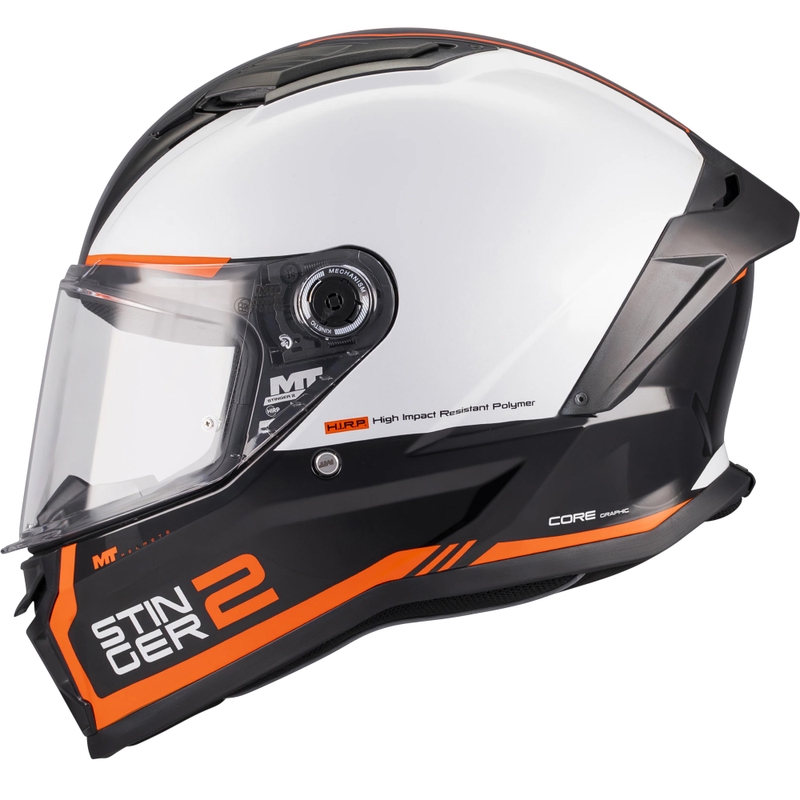Uždaras motociklo šalmas MT Stinger 2 Core B0 balta-juoda-oranžinė