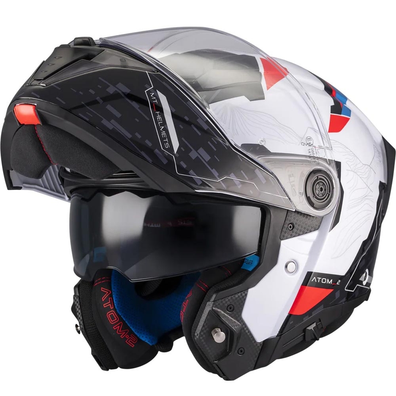 Atlenkiamas motociklo šalmas MT Atom 2 SV Highlands A7 juoda-balta-mėlyna-raudona