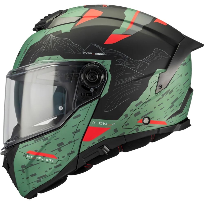 Atlenkiamas motociklo šalmas MT Atom 2 SV Highlands C6 matinė žalia-juoda-raudona