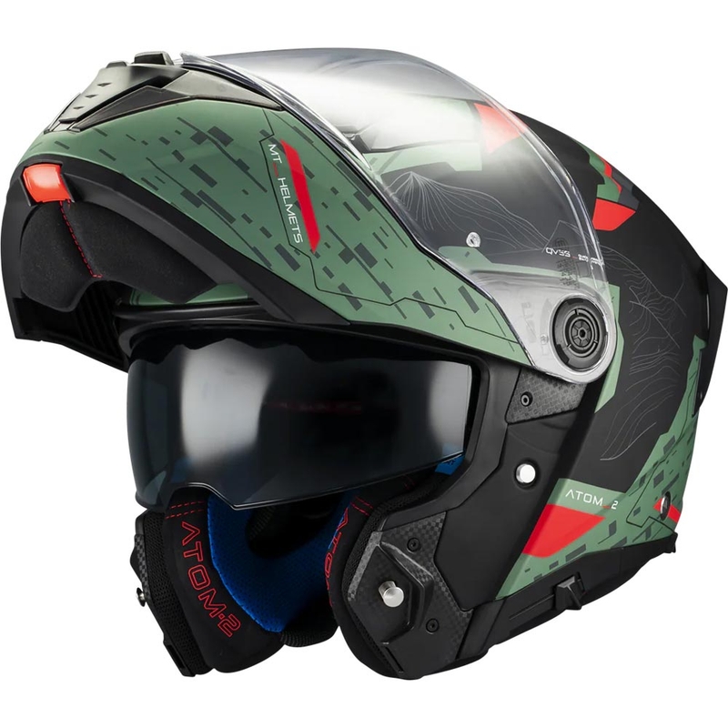 Atlenkiamas motociklo šalmas MT Atom 2 SV Highlands C6 matinė žalia-juoda-raudona