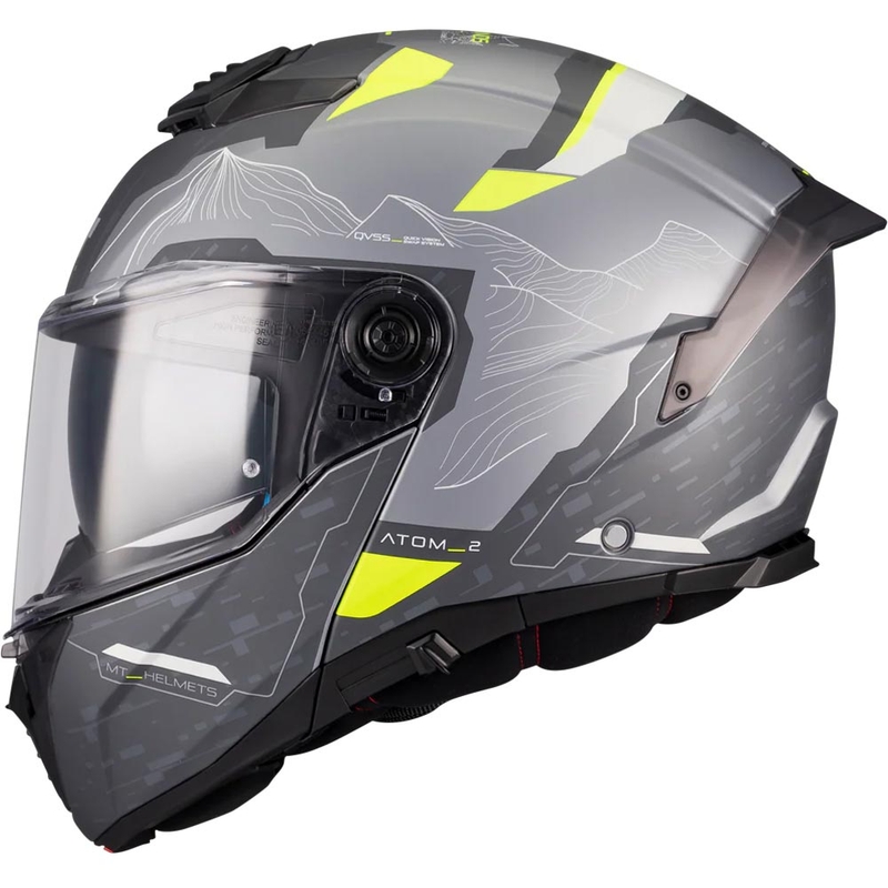 Atlenkiamas motociklo šalmas MT Atom 2 SV Highlands E2 matinės juodos-pilkos-fluorescencinės geltonos spalvos
