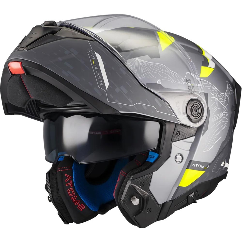 Atlenkiamas motociklo šalmas MT Atom 2 SV Highlands E2 matinės juodos-pilkos-fluorescencinės geltonos spalvos