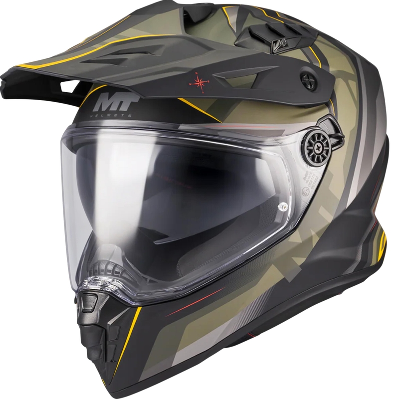 Enduro motociklo šalmas MT Track SV Questor B6 matinės juodos-žalia-rudos-fluorescencinės geltonos spalvos