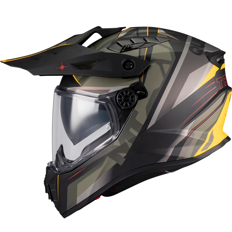 Enduro motociklo šalmas MT Track SV Questor B6 matinės juodos-žalia-rudos-fluorescencinės geltonos spalvos