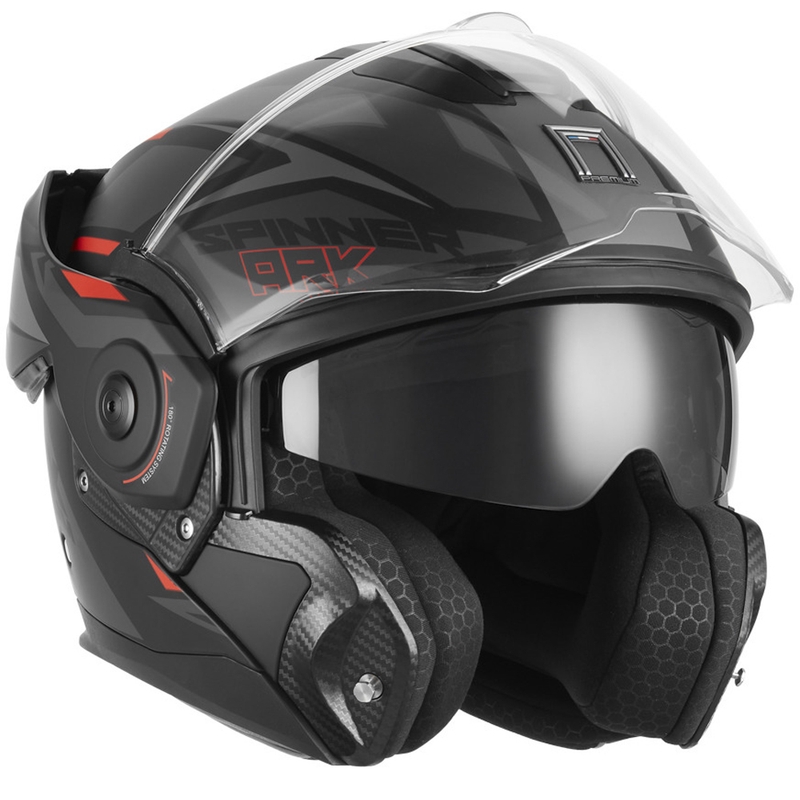 Atlenkiamas motociklo šalmas NOX PREMIUM Spinner Ark matinė juoda-raudona