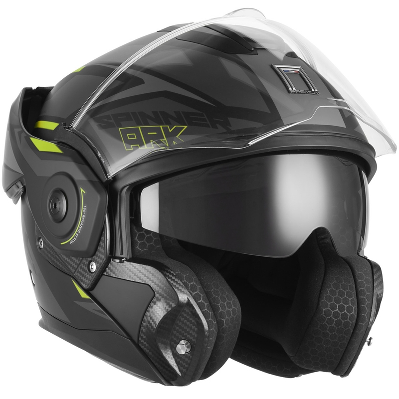 NOX PREMIUM Spinner Ark atlenkiamas motociklo šalmas, matinės juodos-fluorescencinės geltonos spalvos