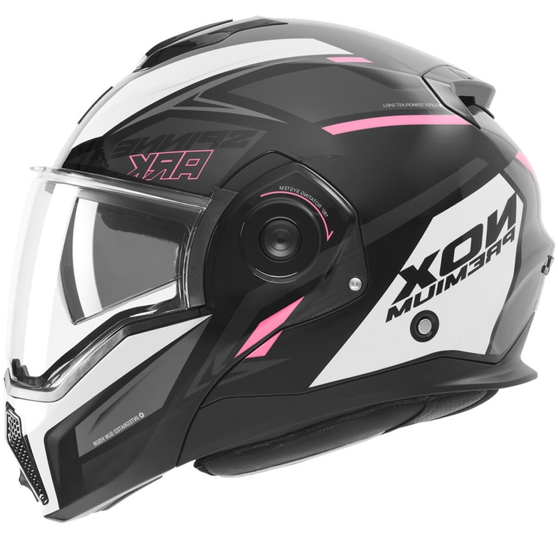 Atlenkiamas motociklo šalmas NOX PREMIUM Spinner juoda-balta-rožinė