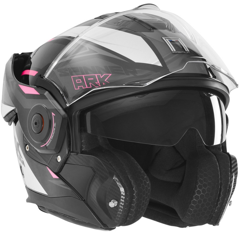Atlenkiamas motociklo šalmas NOX PREMIUM Spinner juoda-balta-rožinė