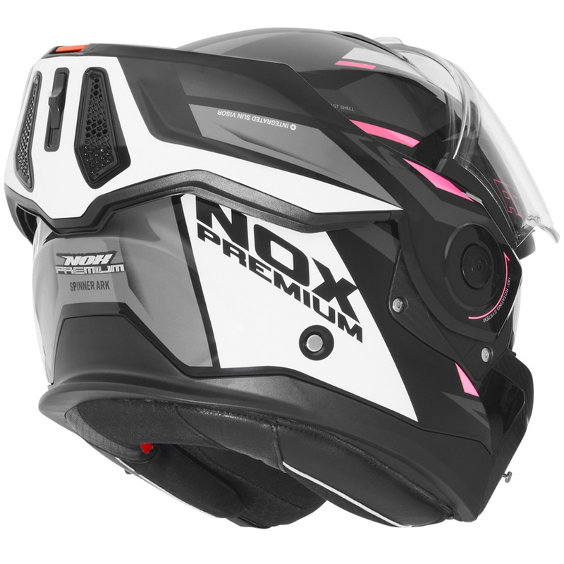 Atlenkiamas motociklo šalmas NOX PREMIUM Spinner juoda-balta-rožinė