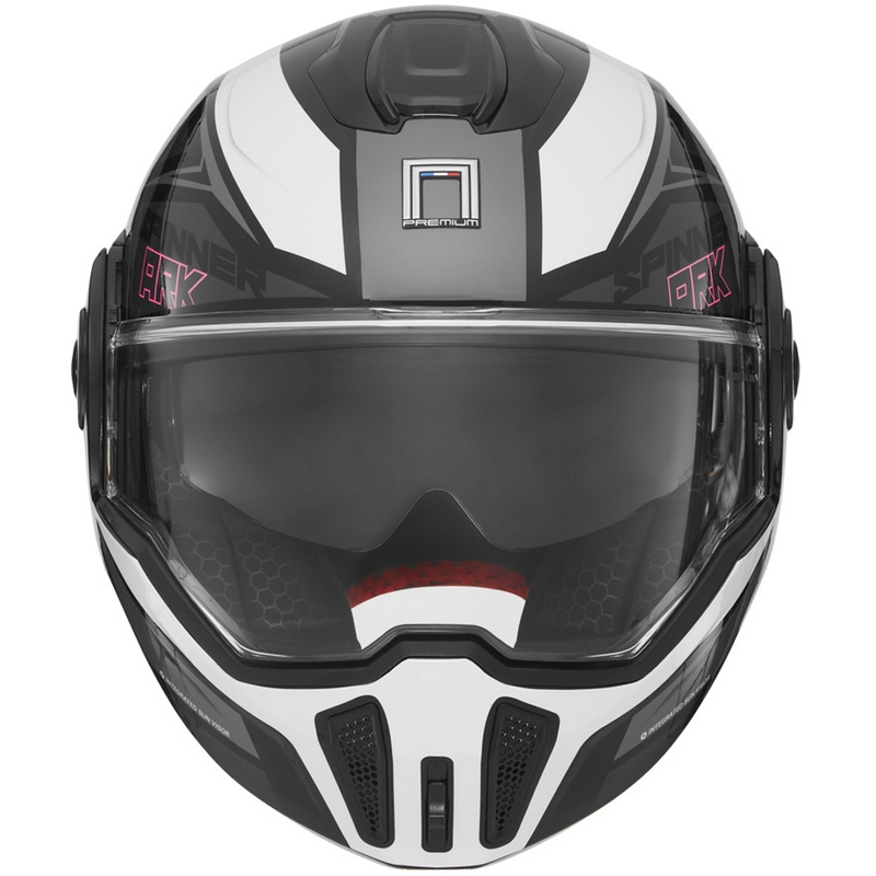 Atlenkiamas motociklo šalmas NOX PREMIUM Spinner juoda-balta-rožinė