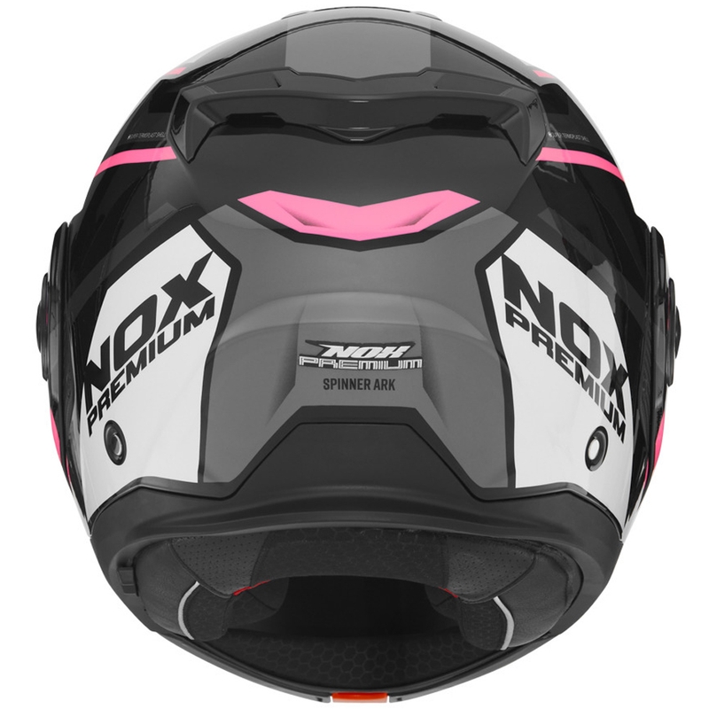 Atlenkiamas motociklo šalmas NOX PREMIUM Spinner juoda-balta-rožinė