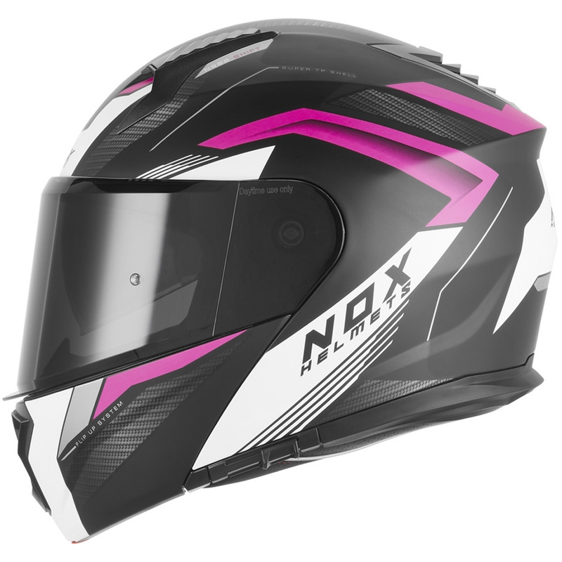 Atlenkiamas motociklo šalmas NOX N968 Shift matinė juoda-balta-rožinė