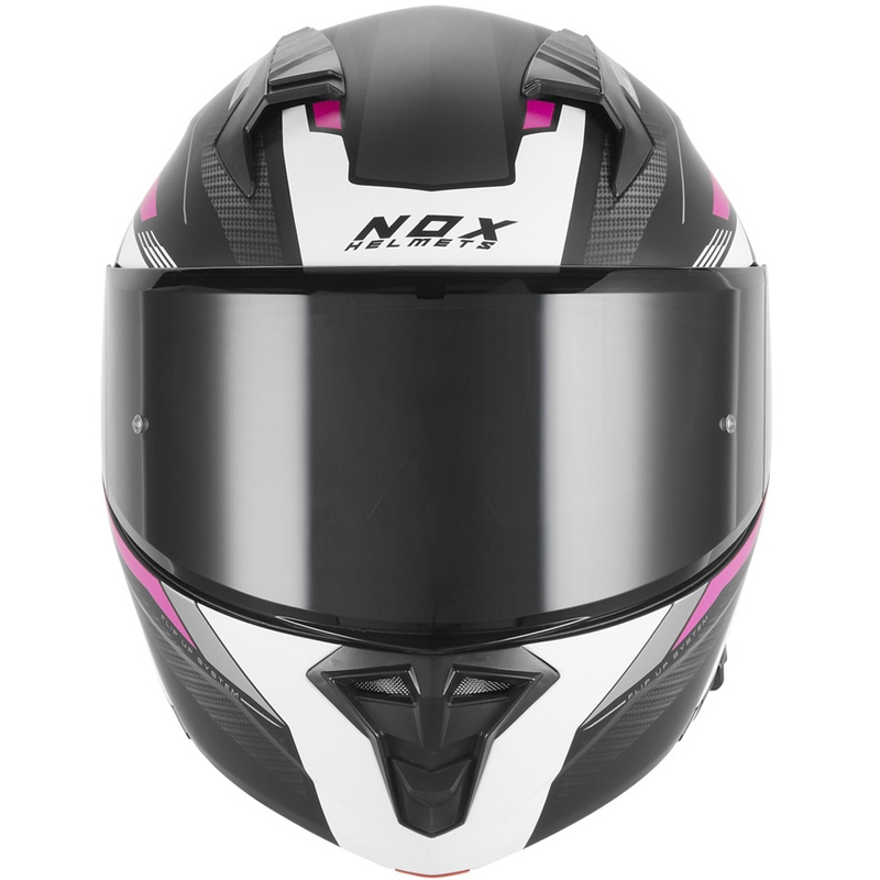 Atlenkiamas motociklo šalmas NOX N968 Shift matinė juoda-balta-rožinė
