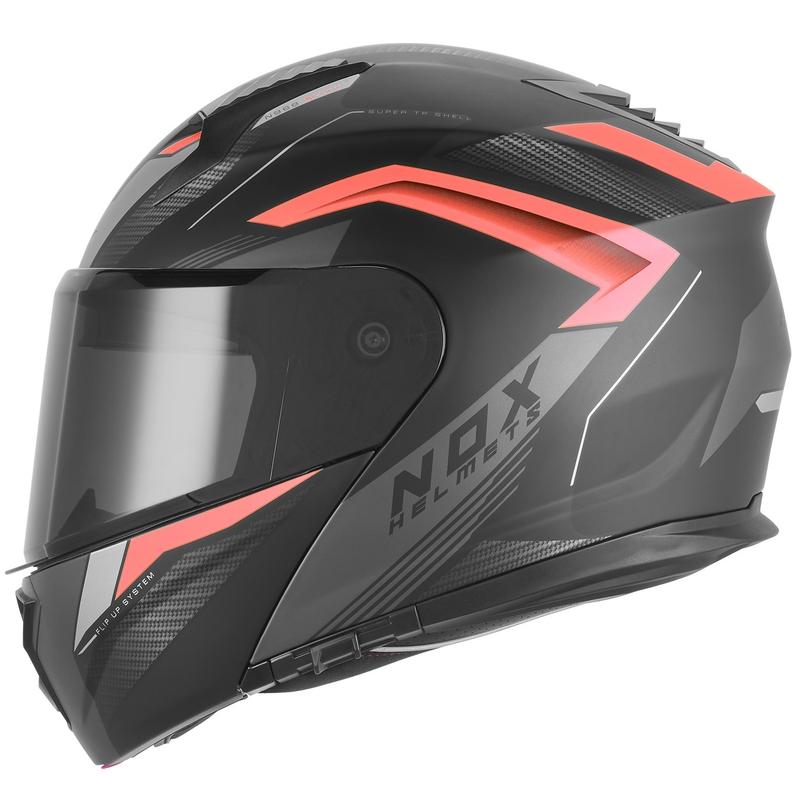 Atlenkiamas motociklo šalmas NOX N968 Shift matinė juoda-raudona