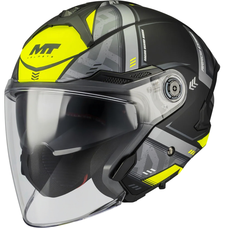 Atviras motociklo šalmas MT Cosmo SV Arrow B3 matinės juodos-pilkos-fluorescencinės geltonos spalvos