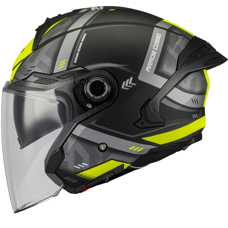 Atviras motociklo šalmas MT Cosmo SV Arrow B3 matinės juodos-pilkos-fluorescencinės geltonos spalvos