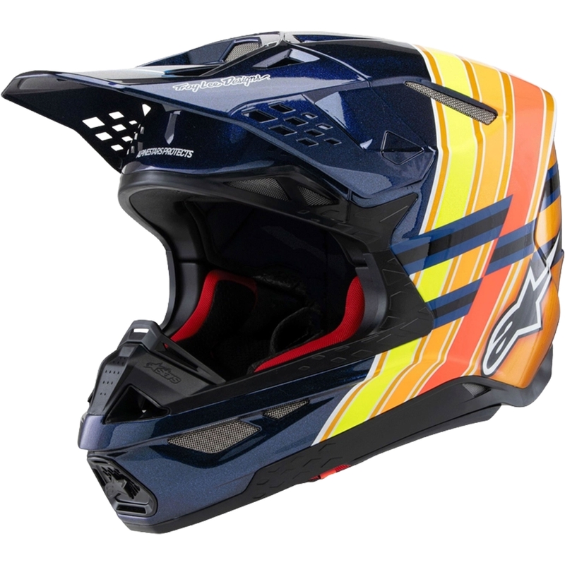 Alpinestars Supertech S-M10 motokroso šalmas TROY LEE DESIGNS perlamutrinis mėlynas-fluo oranžinis-geltonas-raudonas