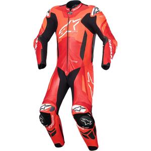 "Alpinestars GP Plus V4 Sprint", "Tech-air" suderinamas fluoro raudonos, raudonos, baltos ir juodos spalvų vientisas odinis motociklininko kostiumas