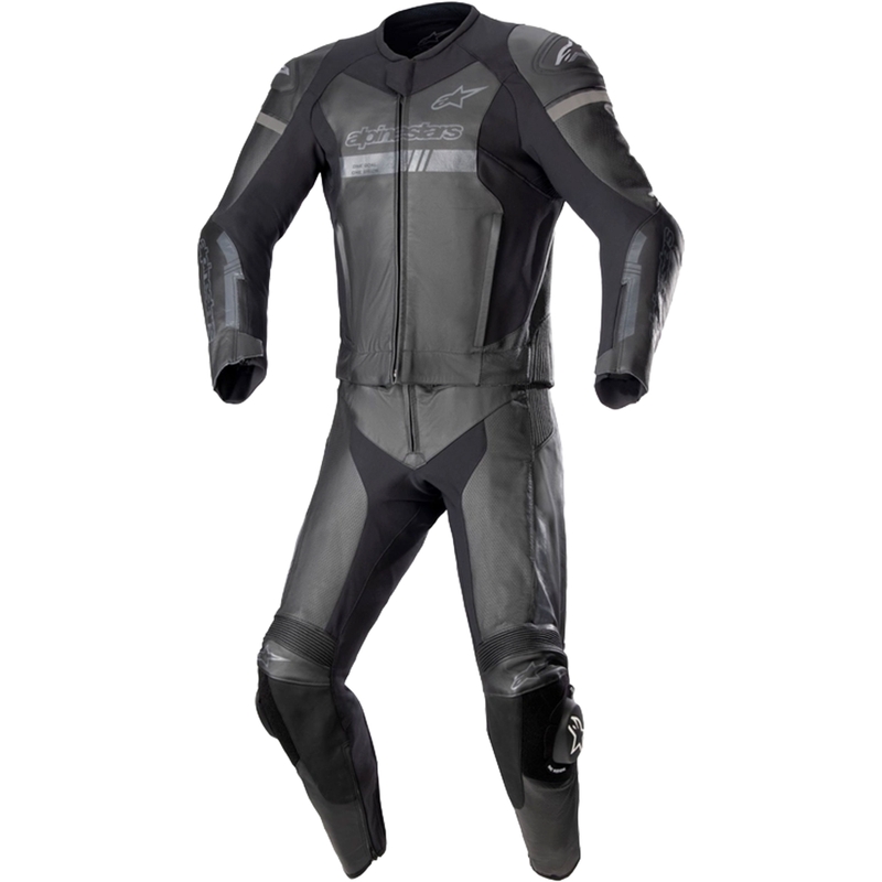 Alpinestars GP Force Chaser TECH-AIR 5 suderinamas juodai juodas dviejų dalių odinis motociklininko kostiumas