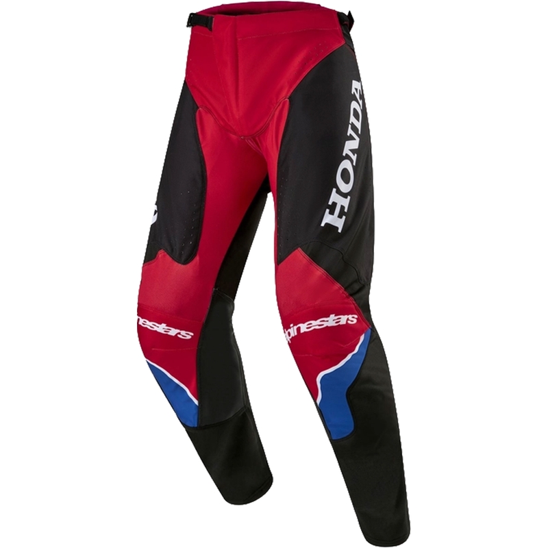 "Alpinestars Racer Iconic Honda" motokroso kelnės raudona-juoda-mėlyna-balta kolekcija