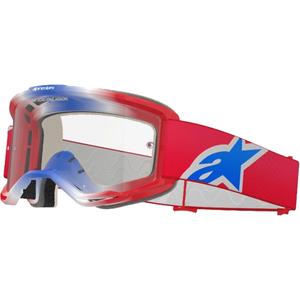 Alpinestars Vision 5 Corp raudonos, baltos ir mėlynos spalvų motokroso akiniai su skaidriais lęšiais