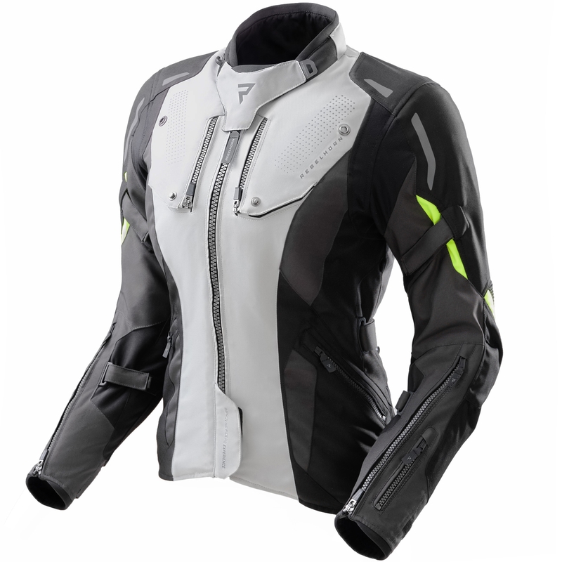 Moteriška motociklo striukė „Rebelhorn Hiker IV“ juoda-pilka-fluorescencinė geltona