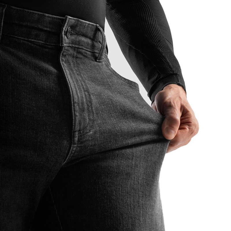 „Rebelhorn Classic“ vieno sluoksnio, ypač trumpi motociklo džinsai, juodi