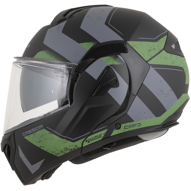 Cassida MultiFlip Korp atlenkiamas motociklo šalmas, matinės juodos-žalios-pilkos spalvos