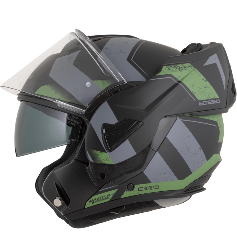 Cassida MultiFlip Korp atlenkiamas motociklo šalmas, matinės juodos-žalios-pilkos spalvos