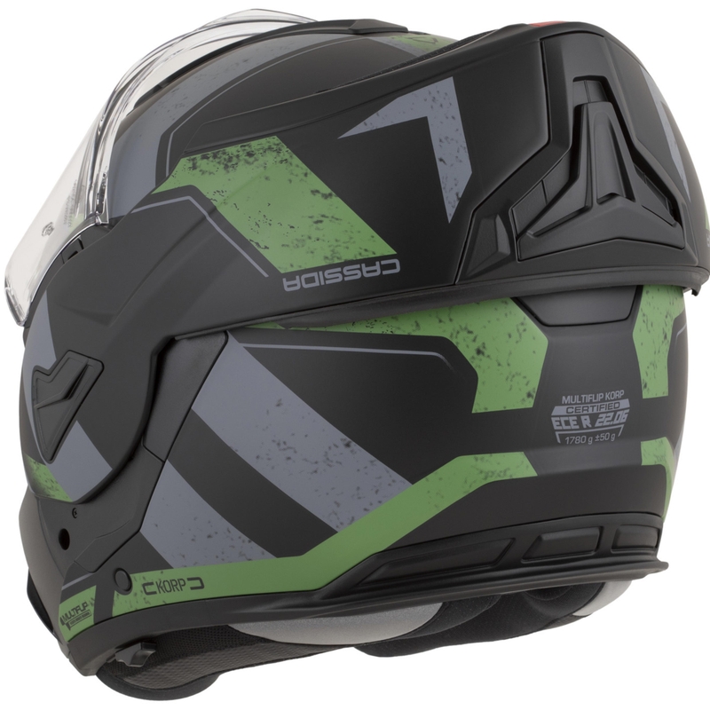 Cassida MultiFlip Korp atlenkiamas motociklo šalmas, matinės juodos-žalios-pilkos spalvos