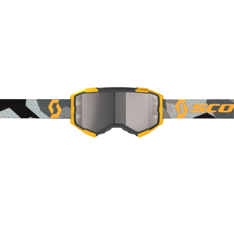 SCOTT Fury CH maskuojantys pilkai geltoni motokroso akiniai su sidabriniu veidrodiniu plexiglasu