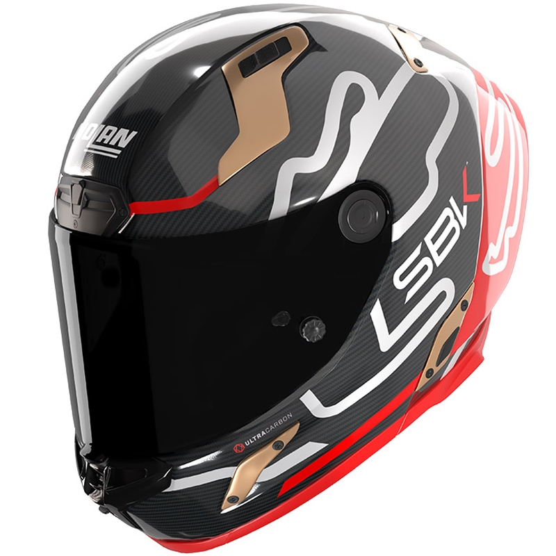 Nolan X-804 RS Ultra Carbon SBK uždaras motociklo šalmas, blizgi juoda-raudona-auksinė