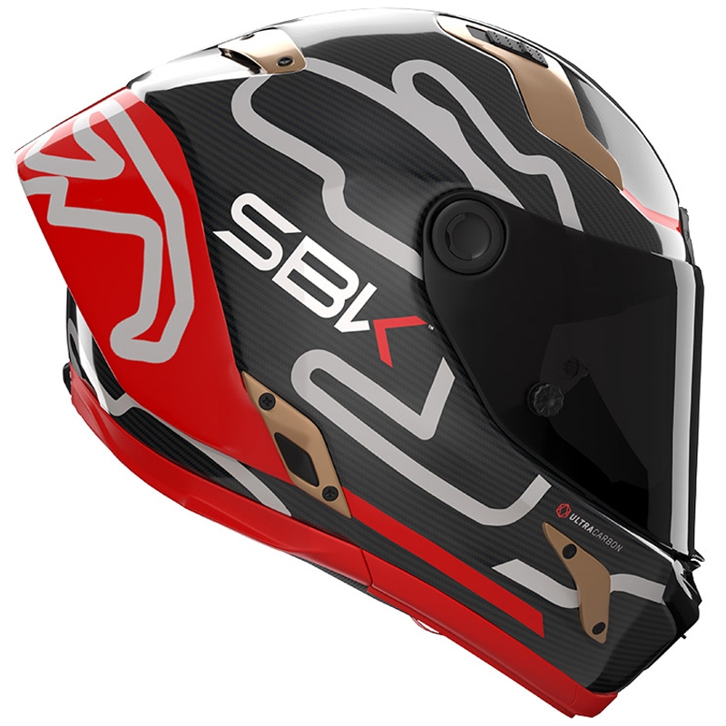 Nolan X-804 RS Ultra Carbon SBK uždaras motociklo šalmas, blizgi juoda-raudona-auksinė