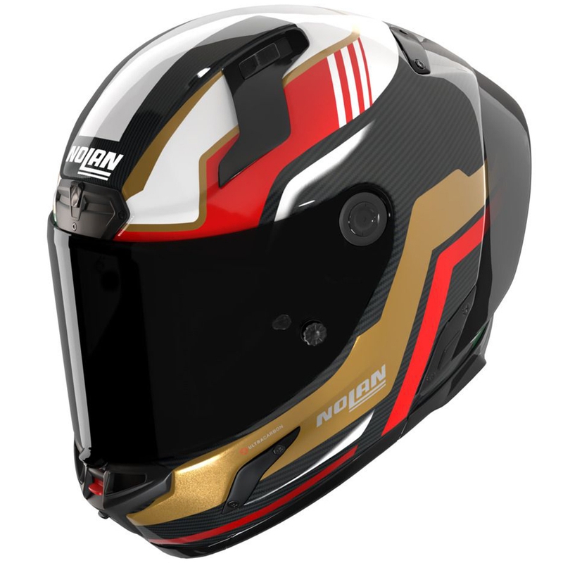 Uždaras motociklo šalmas Nolan X-804 RS Ultra Carbon Piega blizgi juoda-auksinė-raudona-žalia
