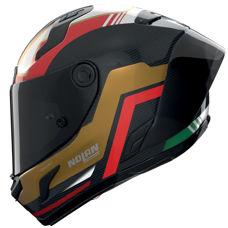 Uždaras motociklo šalmas Nolan X-804 RS Ultra Carbon Piega blizgi juoda-auksinė-raudona-žalia